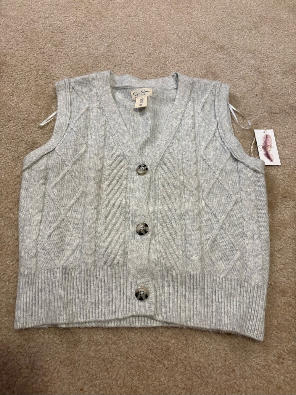 Light Gray Cable Knit Button Front Sweater Vest